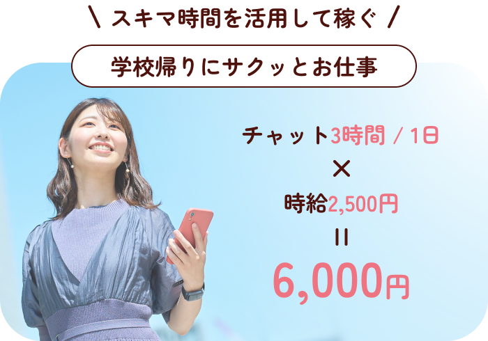 スキマ時間を活用して稼ぐ:学校帰りにサクッとお仕事:チャット3時間/1日×時給2,500円=6,000円